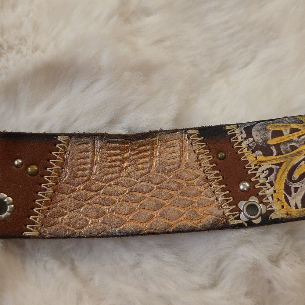 Vintage Fossil Y2k Belt Brown Leather Metallic Accents Studding Womens M - Picture 8 of 14